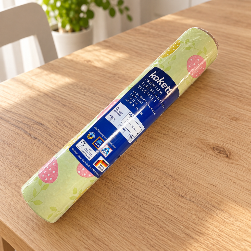 Kokett camino de mesa en rollo verde con motivos rosa y amarillo en una mesa de comedor