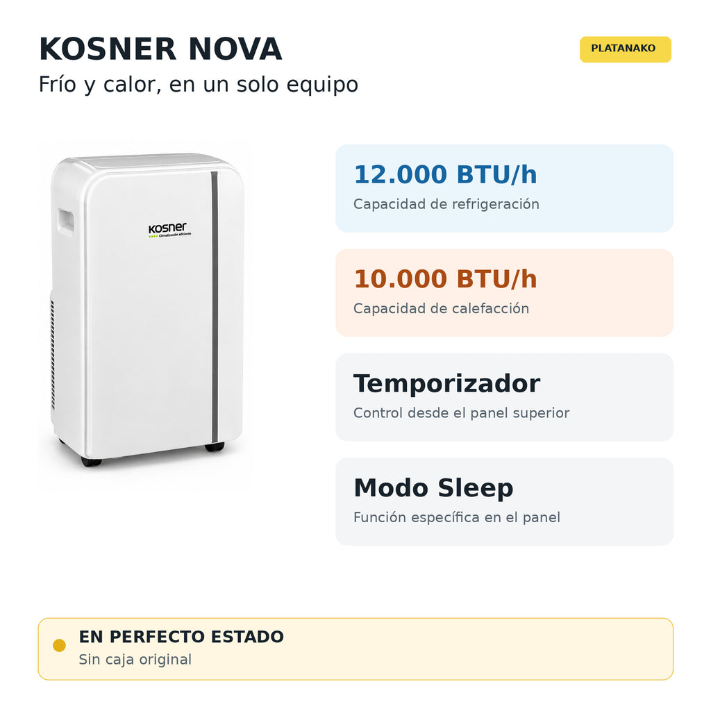 Kosner Nova: 12.000 BTU/h en refrigeración, 10.000 BTU/h en calefacción, temporizador y modo Sleep. En perfecto estado, sin caja original.