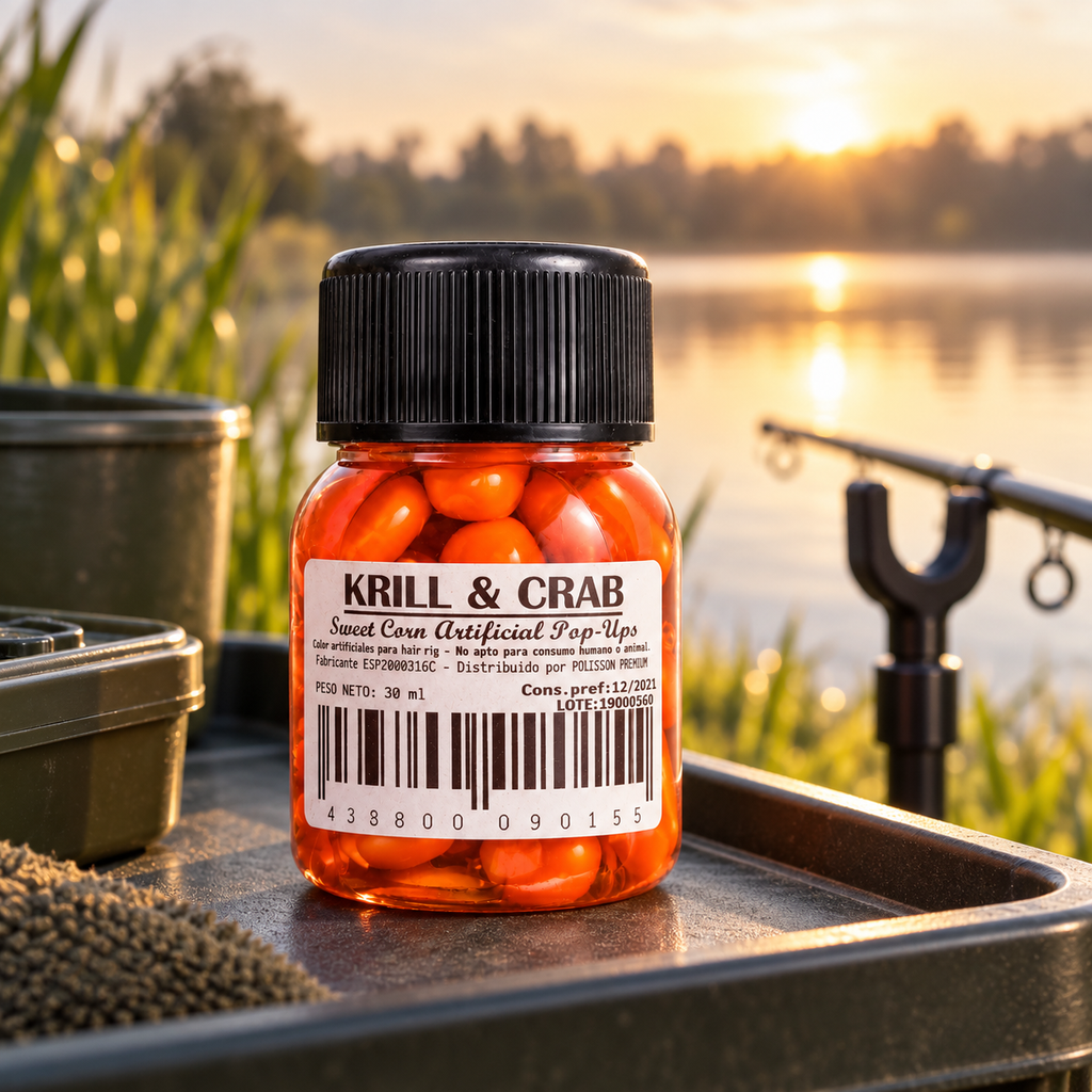 Krill & Crab Sweet Corn Artificial Pop-Ups en entorno de pesca