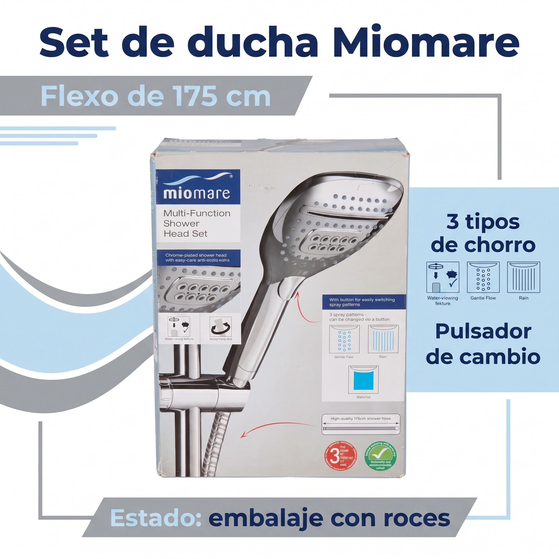 Miomare Set de Ducha Multifunción con Flexo 175 cm — Embalaje con roces