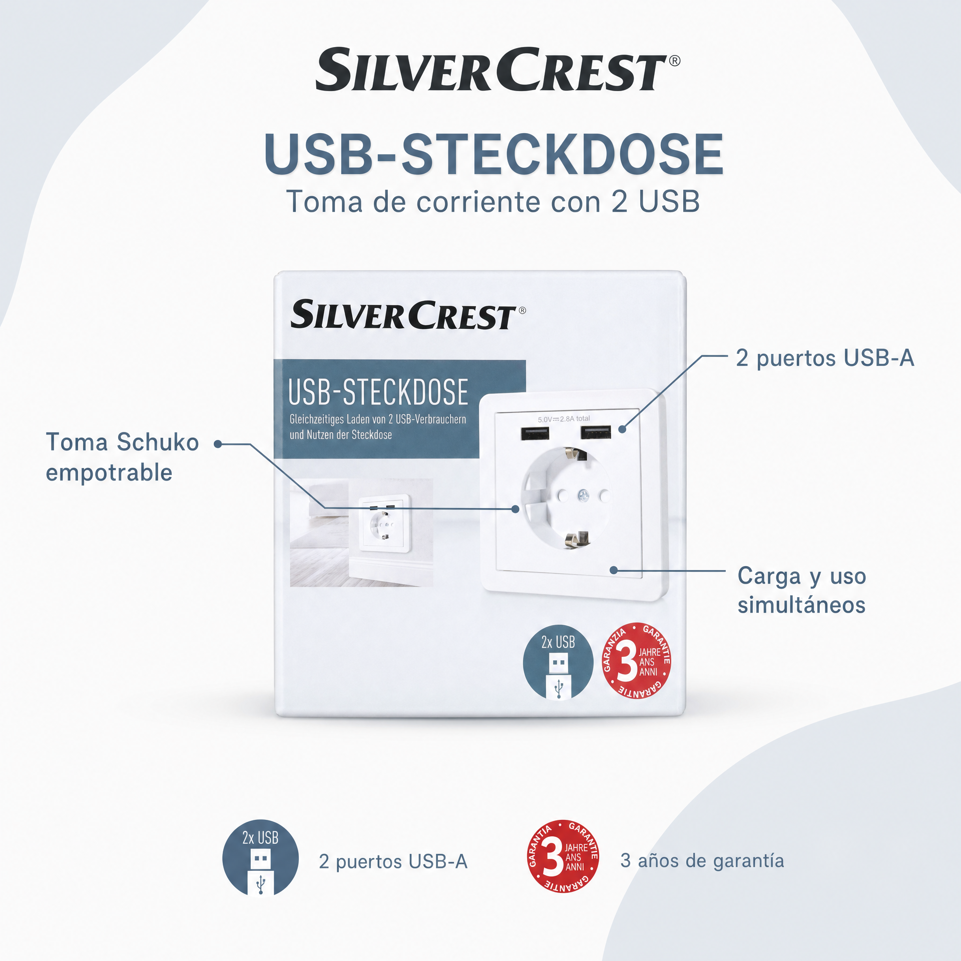 SilverCrest Toma Empotrable con 2 USB-A – SSUSB 2 A1