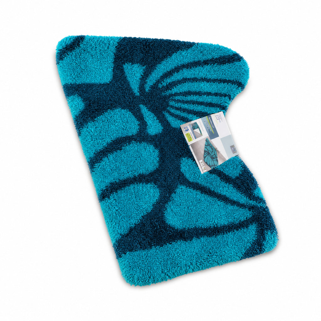 Alfombra de baño con motivo de mariposa en azul y turquesa, pelo denso