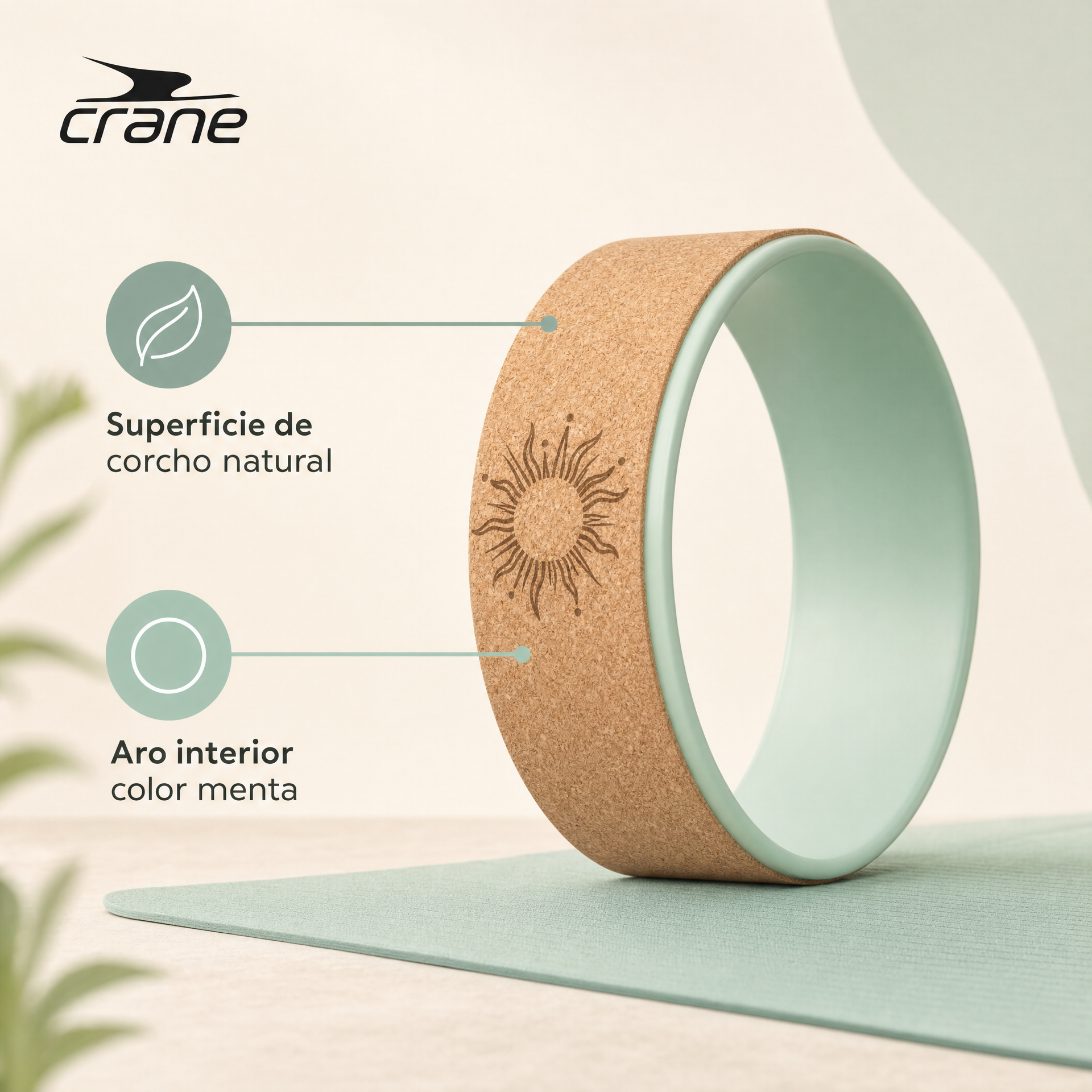 Rueda de Yoga Crane de Corcho con Diseño Solar (Aro Menta)