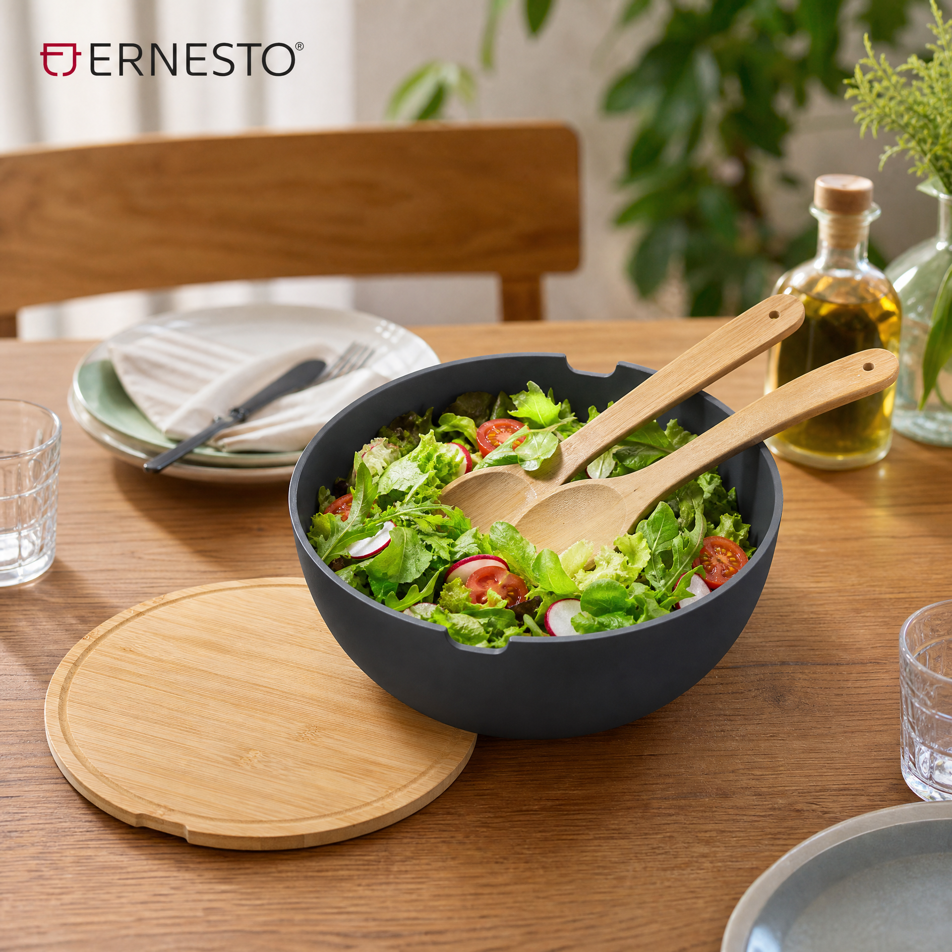 Set de Ensaladera ERNESTO con Tapa y Cubiertos de Madera