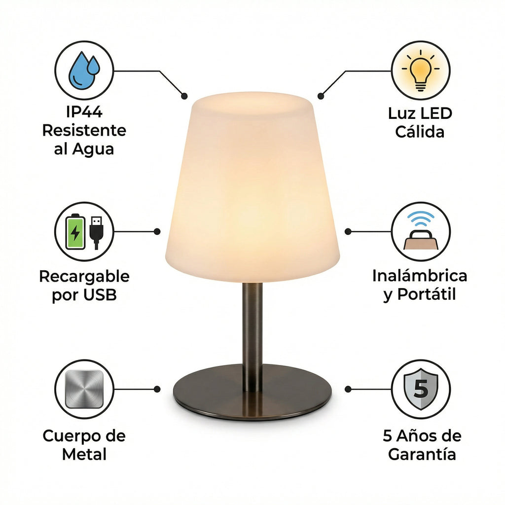 Lámpara de Mesa LED Exterior IP44 Recargable USB Cuerpo Metálico | Casalux
