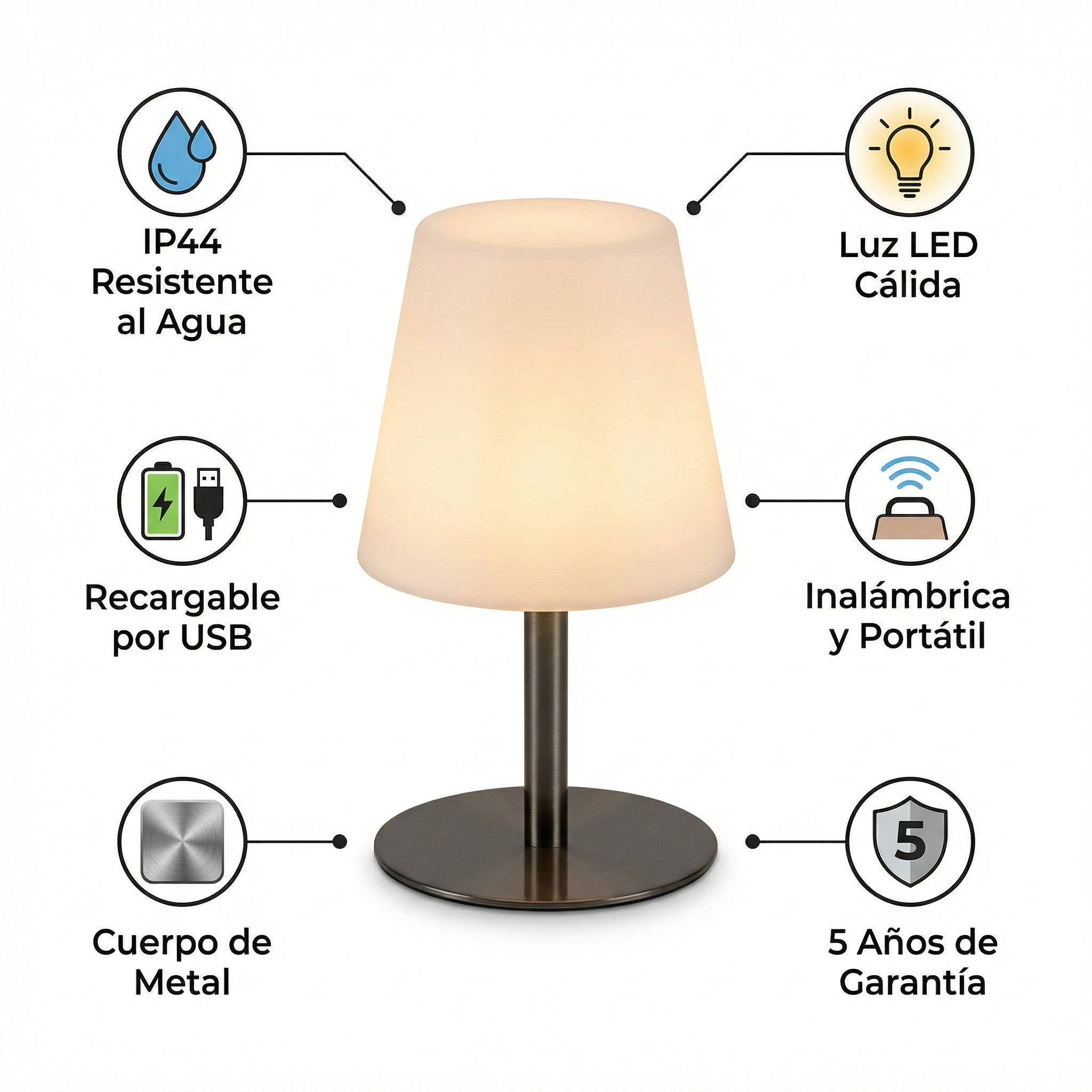 Lámpara de Mesa LED Exterior IP44 Recargable USB Cuerpo Metálico | Casalux