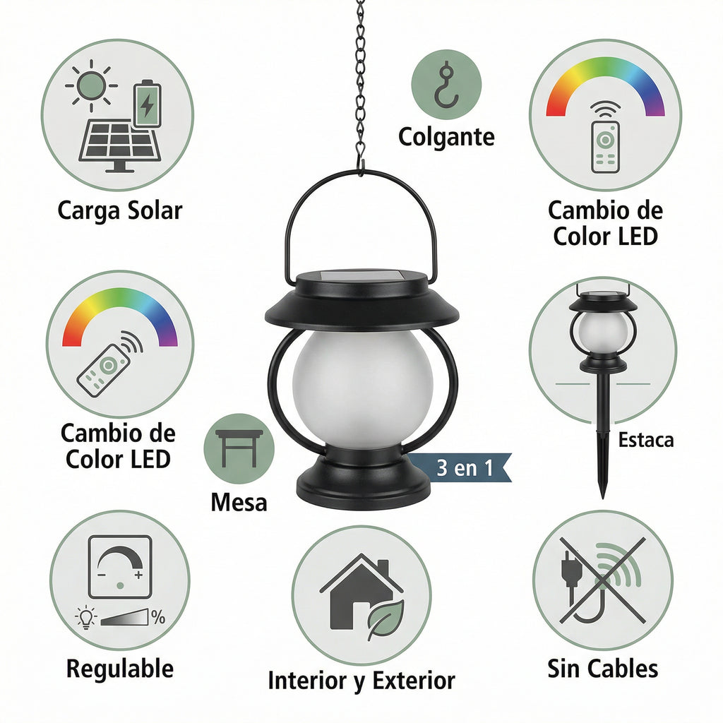 Lámpara Solar 3 en 1 Jardín Mesa Colgante Estaca Cambio de Color Regulable | Casalux