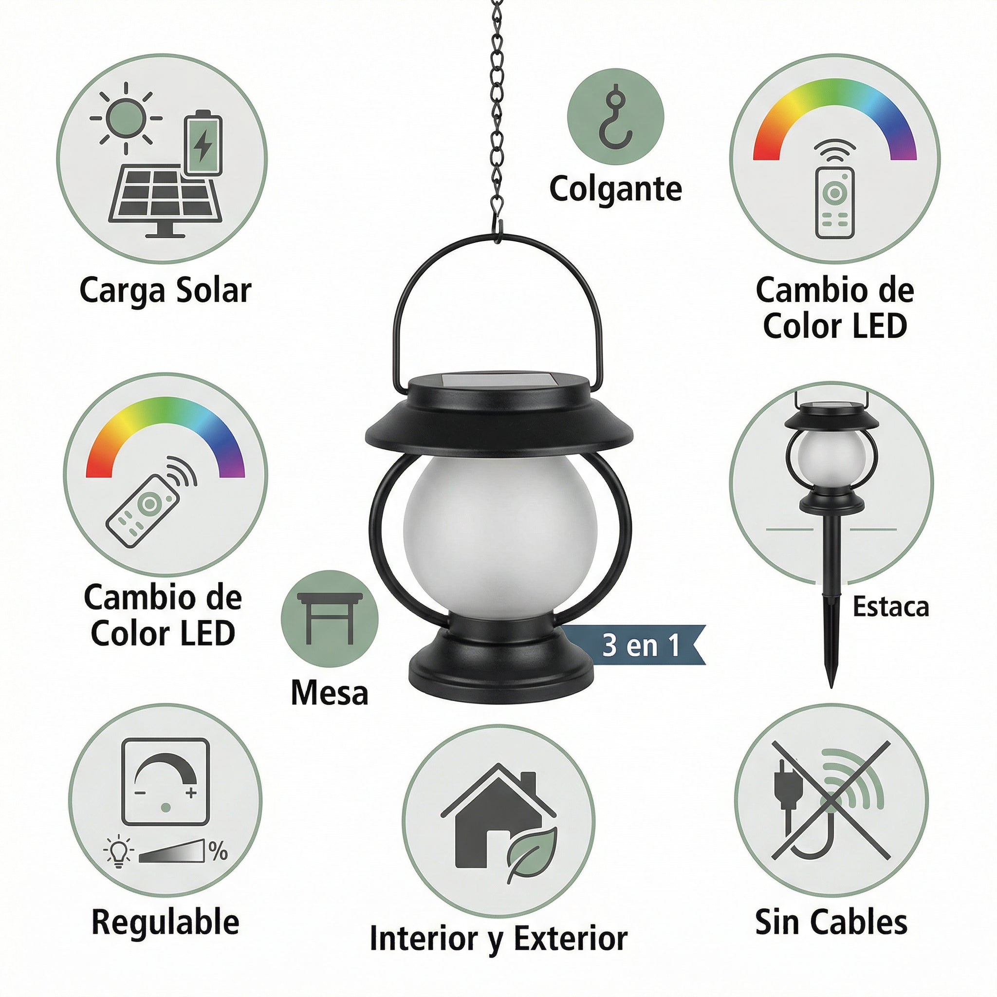 Lámpara Solar 3 en 1 Jardín Mesa Colgante Estaca Cambio de Color Regulable | Casalux