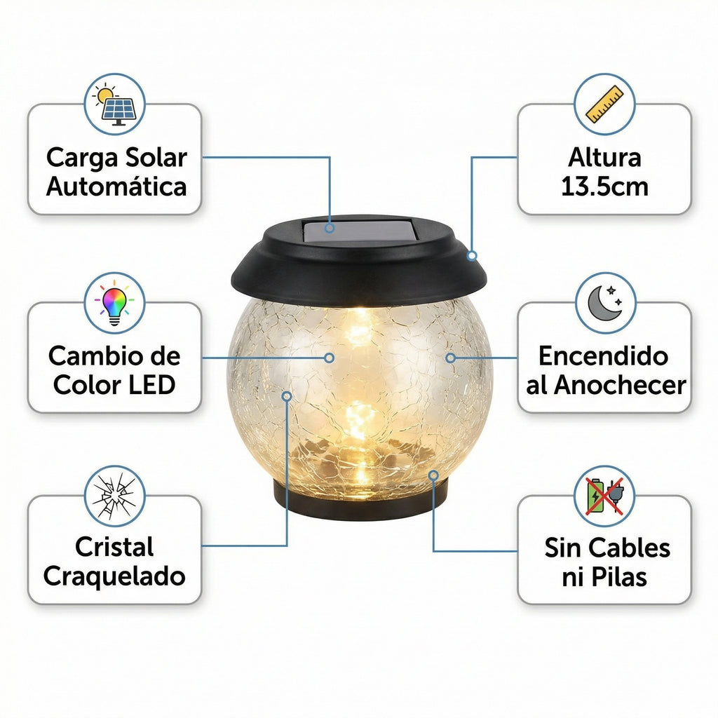 Lámpara Solar Jardín Cristal Craquelado con Cambio de Color LED 13.5cm | Belavi