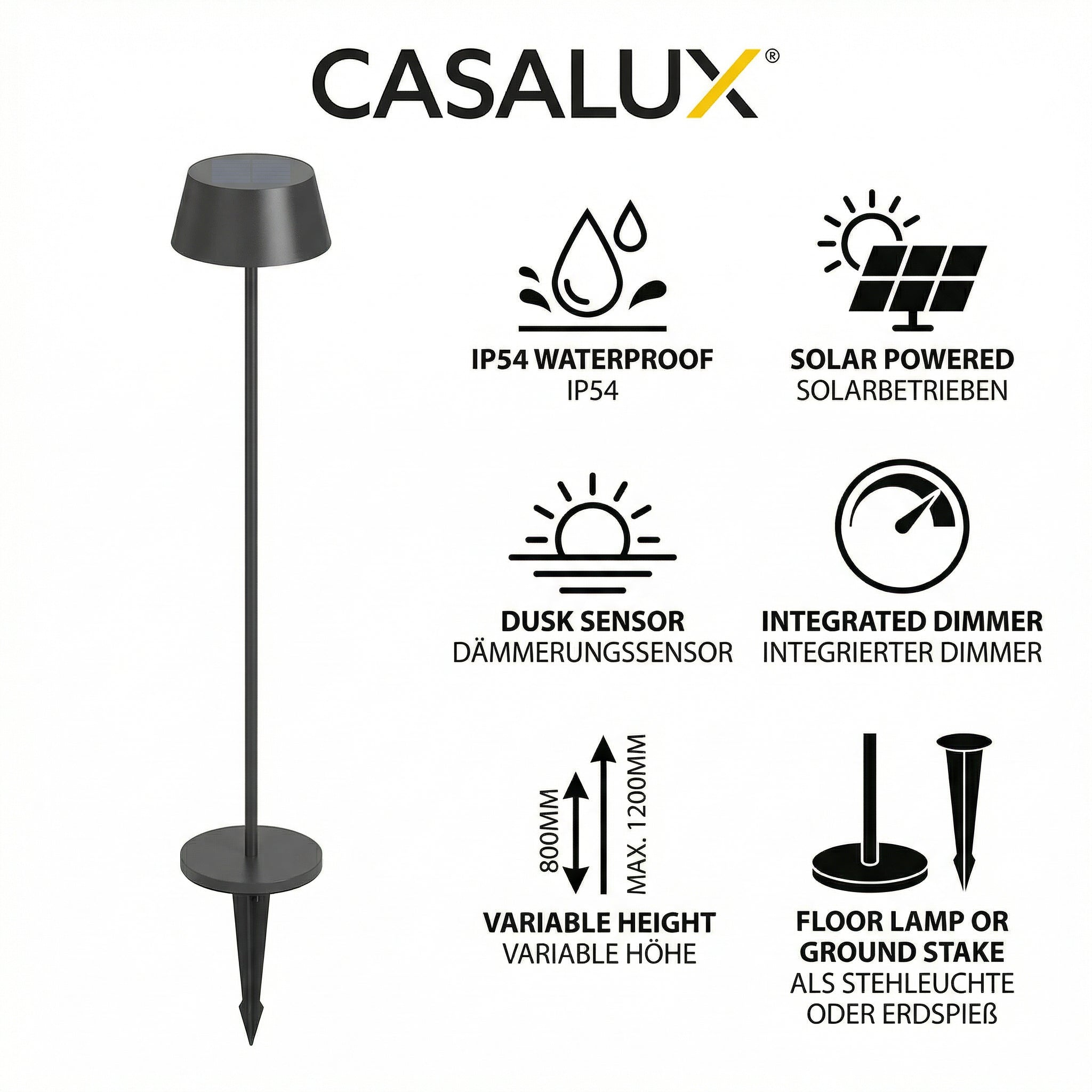 Lámpara Solar Exterior de Pie IP54 Altura Variable con Dimmer Regulable | Casalux