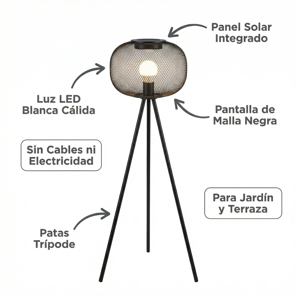 Lámpara Solar de Pie Trípode con Pantalla de Malla Negra Luz Cálida | Belavi