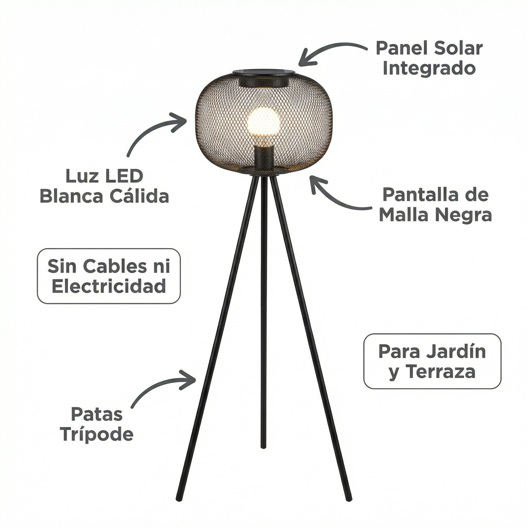 Lámpara Solar de Pie Trípode con Pantalla de Malla Negra Luz Cálida | Belavi