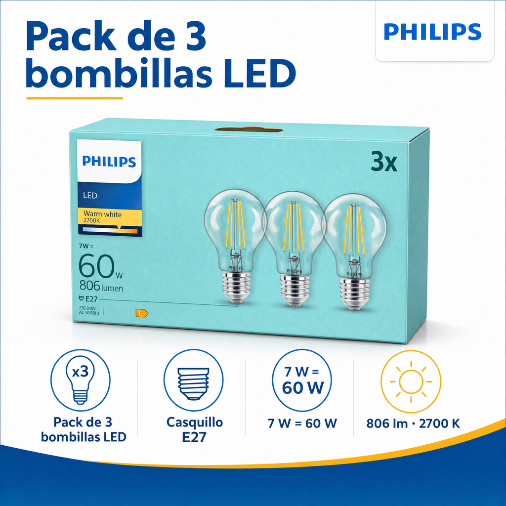 Philips Pack 3 Bombillas LED Filamento A60 E27 7W (60W) 806lm Luz Cálida