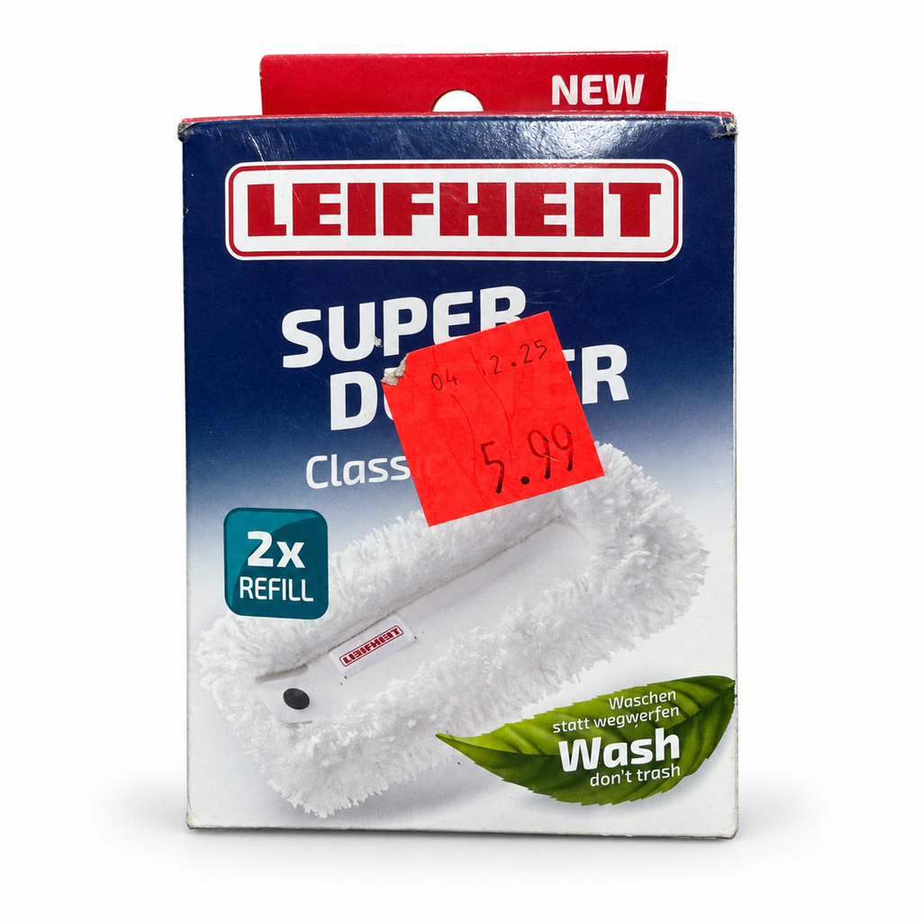 Leifheit SuperDuster Classic pack de 2 recambios: caja original sobre fondo blanco
