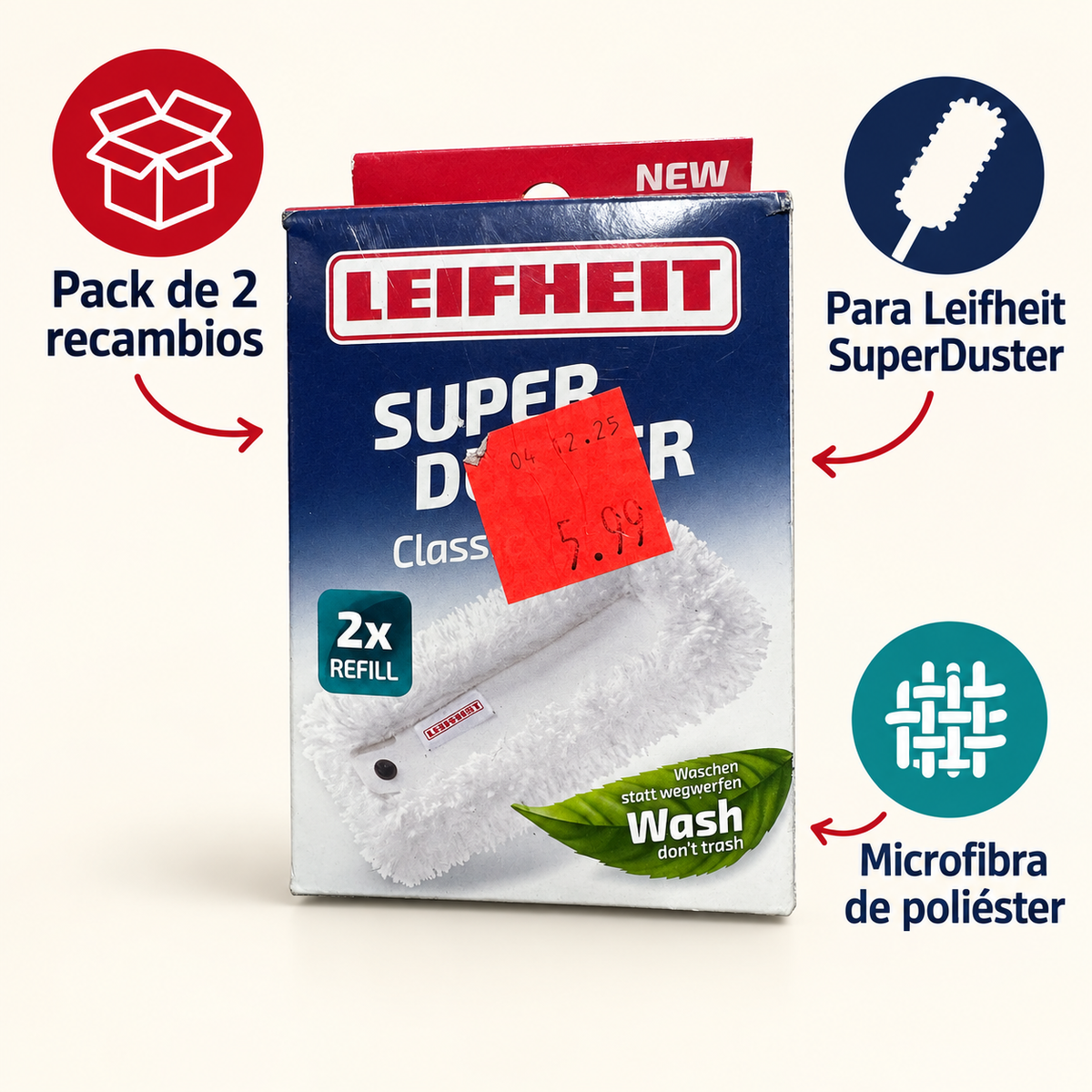 Leifheit SuperDuster Classic pack de 2 recambios: características de los dos recambios de microfibra
