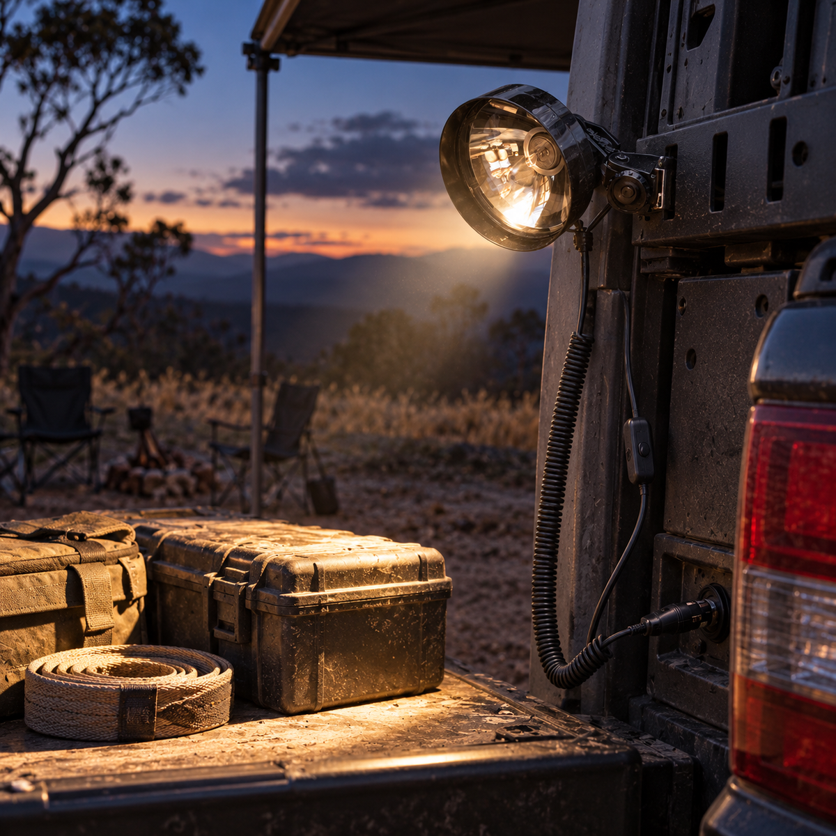 Foco Lightforce Stubby iluminando una zona de trabajo junto a un vehículo
