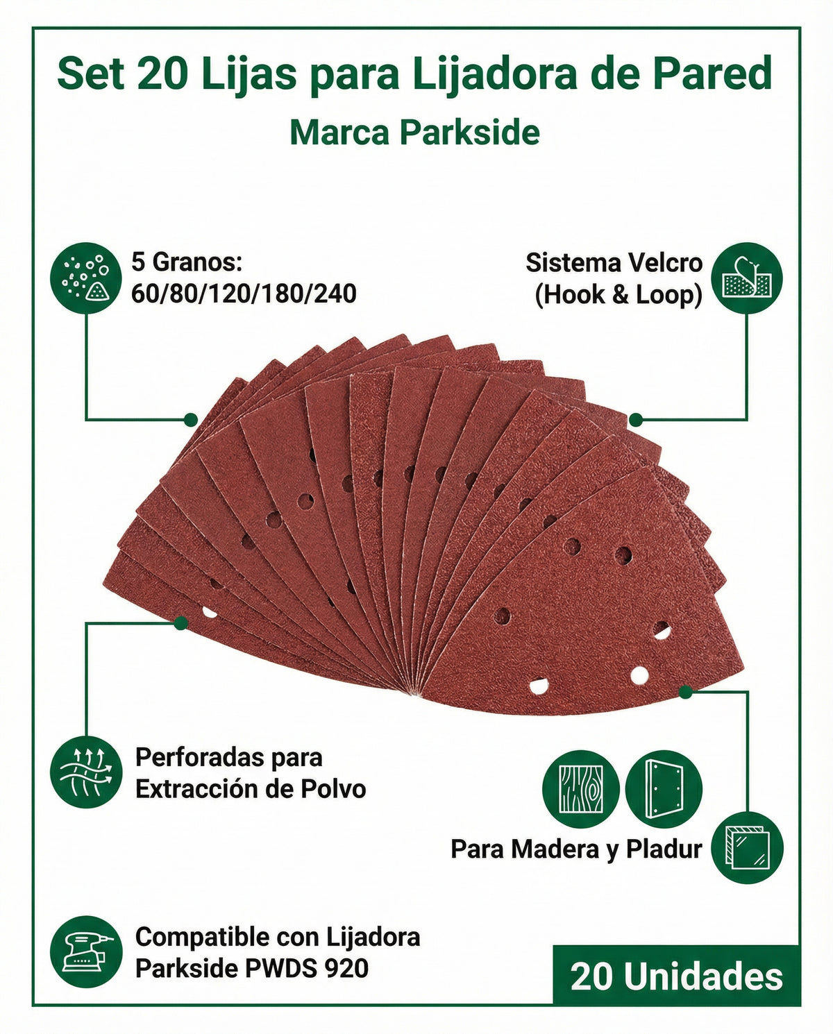 Set 20 Lijas para Lijadora de Pared 5 Granos (60-240) | Parkside