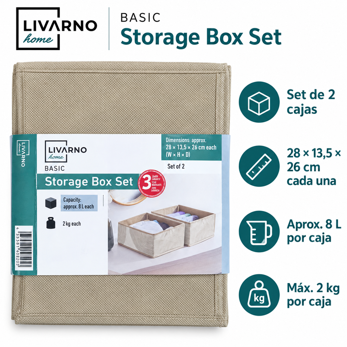 Set de dos cajas LIVARNO home Basic: 28 × 13,5 × 26 cm, 8 L y 2 kg por caja