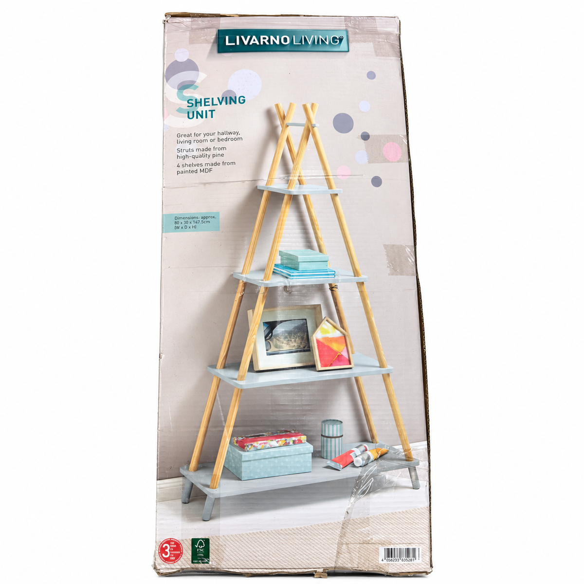 Estantería LIVARNO LIVING tipo tipi de cuatro baldas en caja original sobre blanco