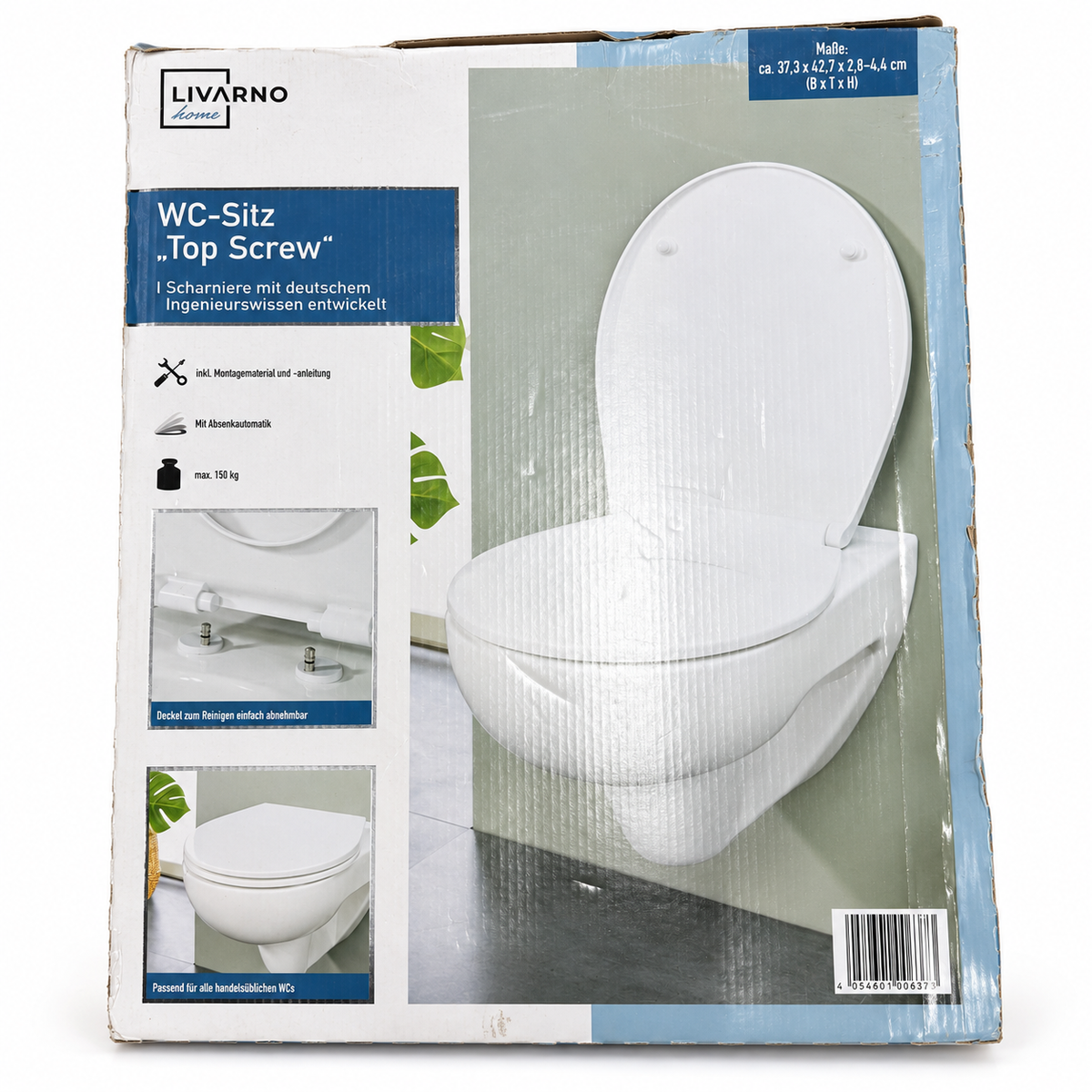 Asiento WC Livarno Top Screw en caja original sobre fondo blanco