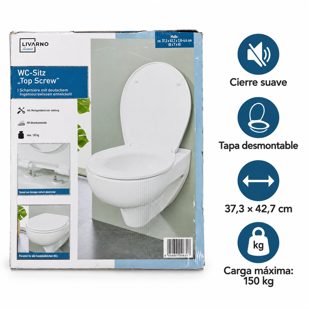 Características del asiento Livarno Top Screw con cierre suave y tapa desmontable