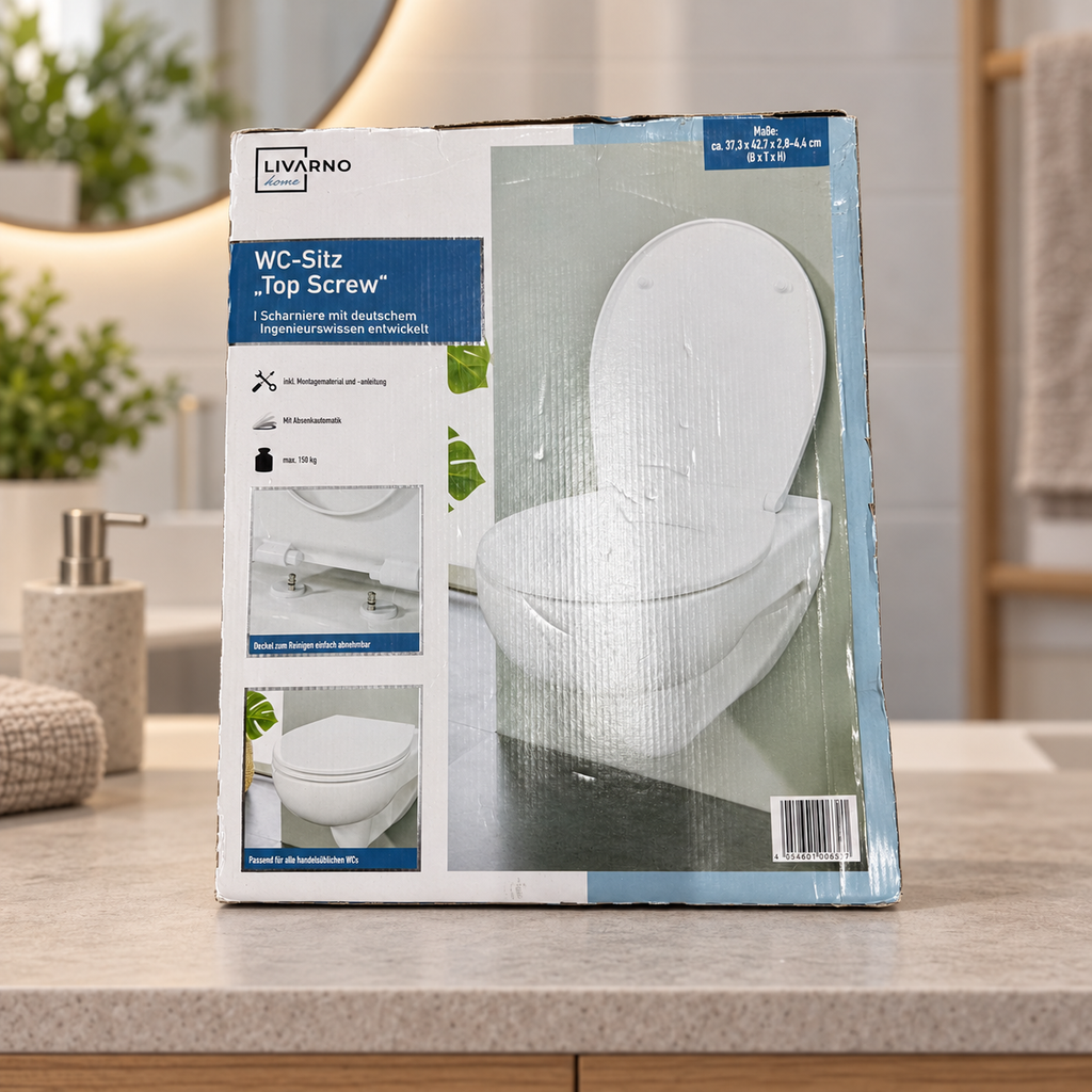 Caja original del asiento Livarno Top Screw en ambiente de baño