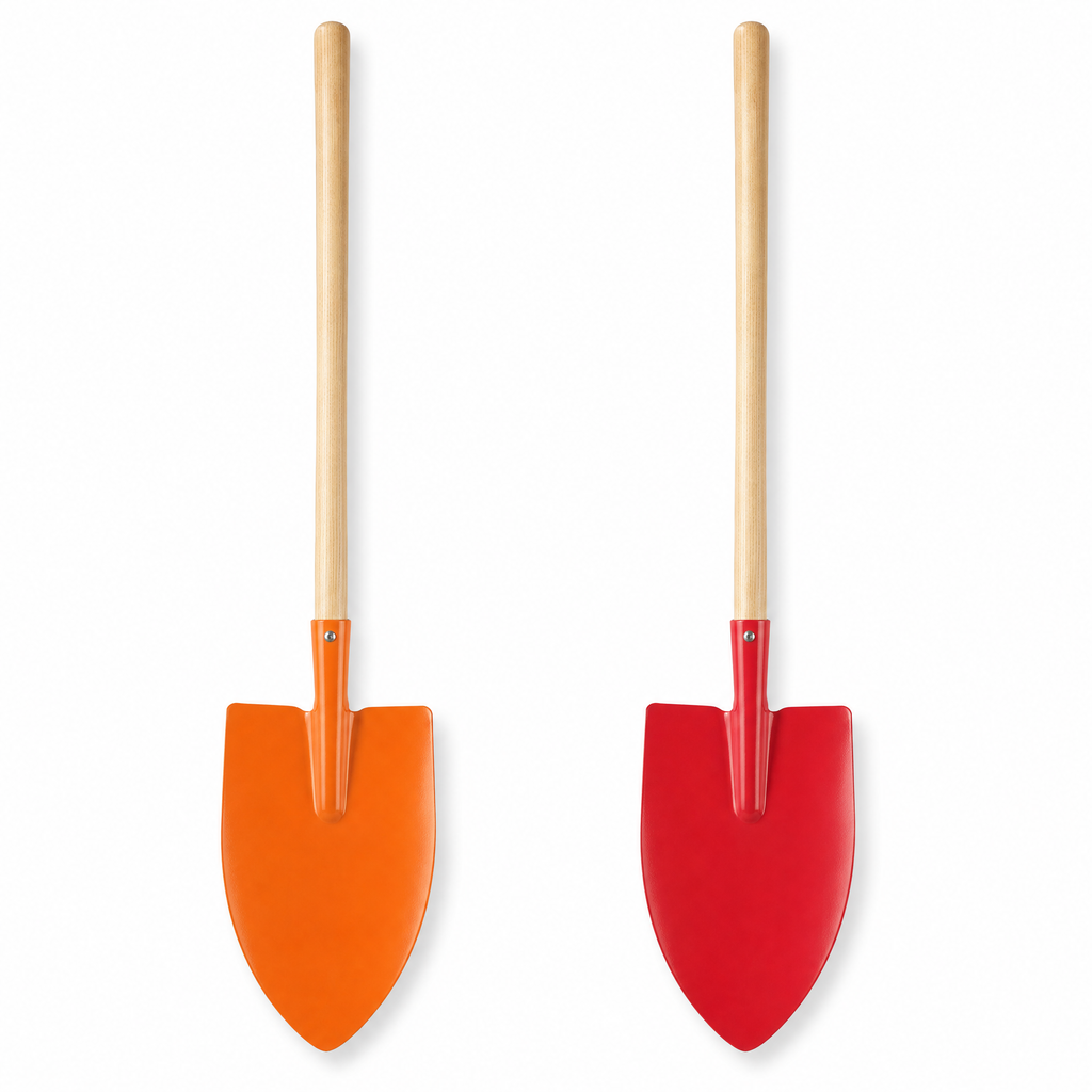 Pala de jardín con mango de madera — colores naranja y rojo