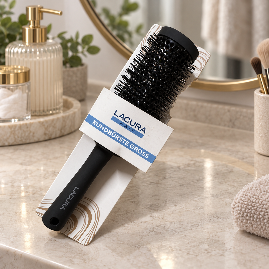 Lacura Hair cepillo redondo grande negro: producto con su embalaje original en ambiente de uso