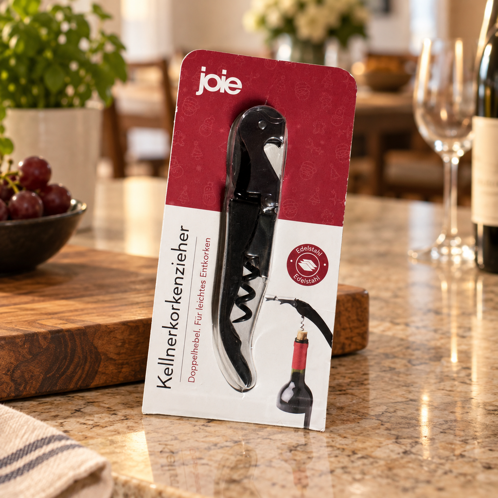 Joie sacacorchos de camarero de doble palanca: producto con su embalaje original en ambiente de uso