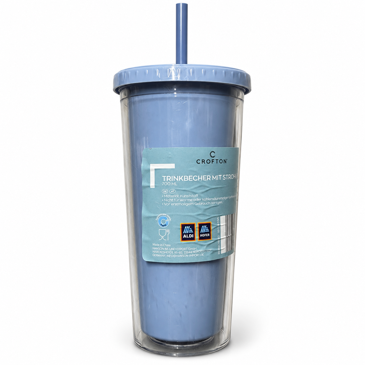 Crofton vaso azul de 700 ml con tapa y pajita: producto original sobre fondo blanco