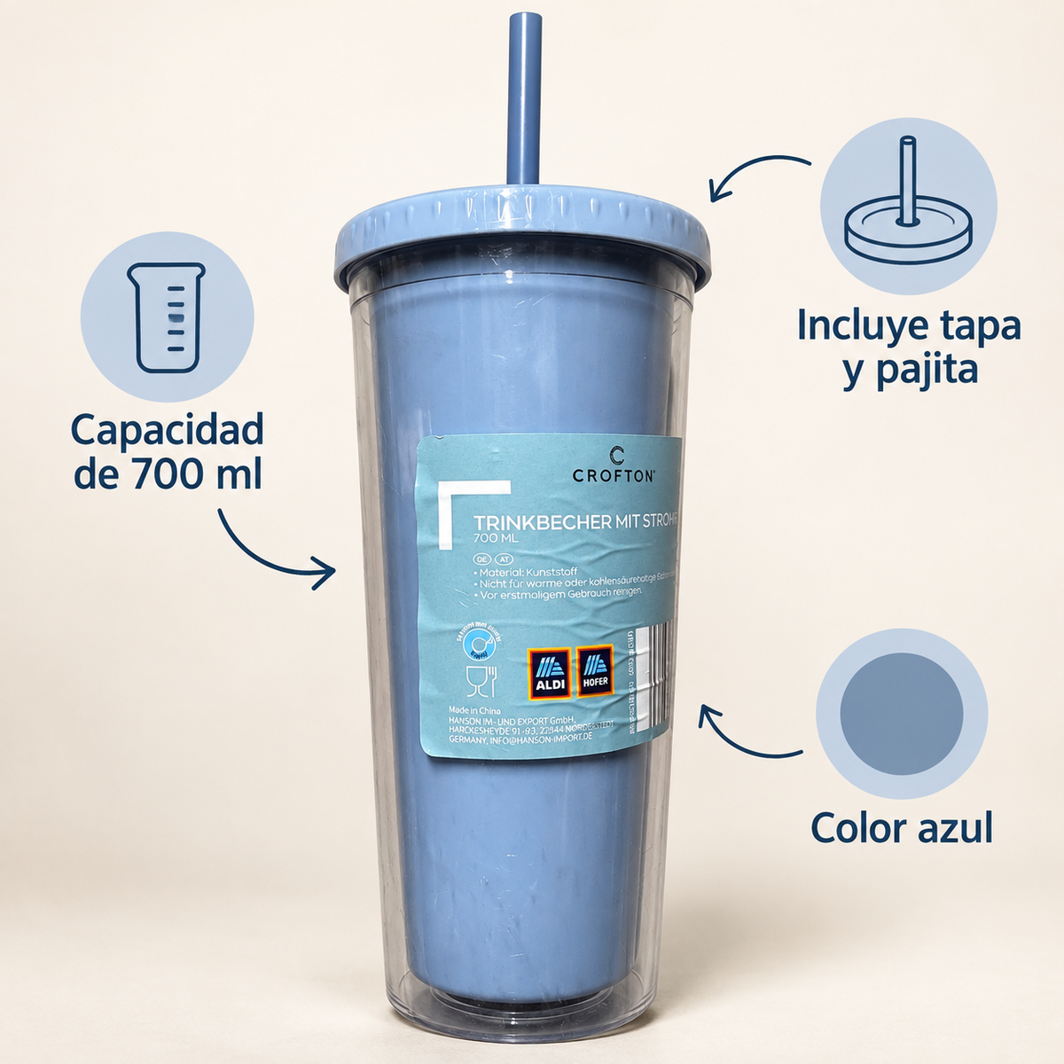 Crofton vaso azul de 700 ml con tapa y pajita: características del producto