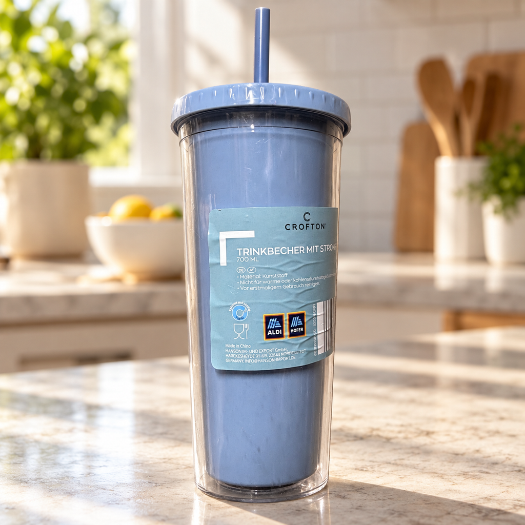 Crofton vaso azul de 700 ml con tapa y pajita: presentación en ambiente de uso