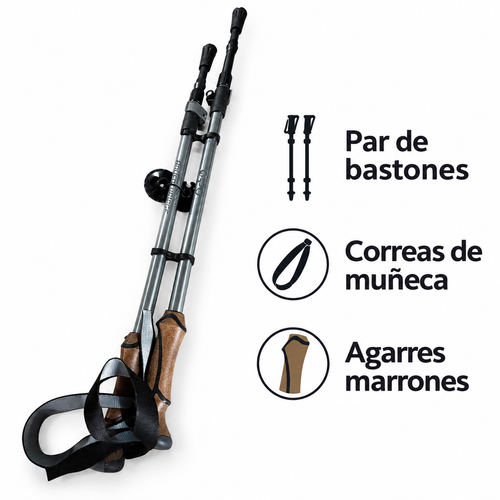 Adventuridge par de bastones de senderismo con agarres marrones y características confirmadas