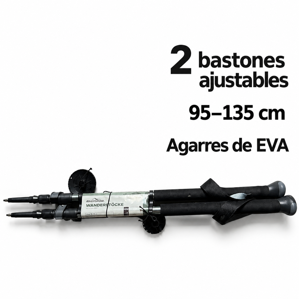 Adventuridge par de bastones ajustables de 95–135 cm con agarres EVA y características confirmadas