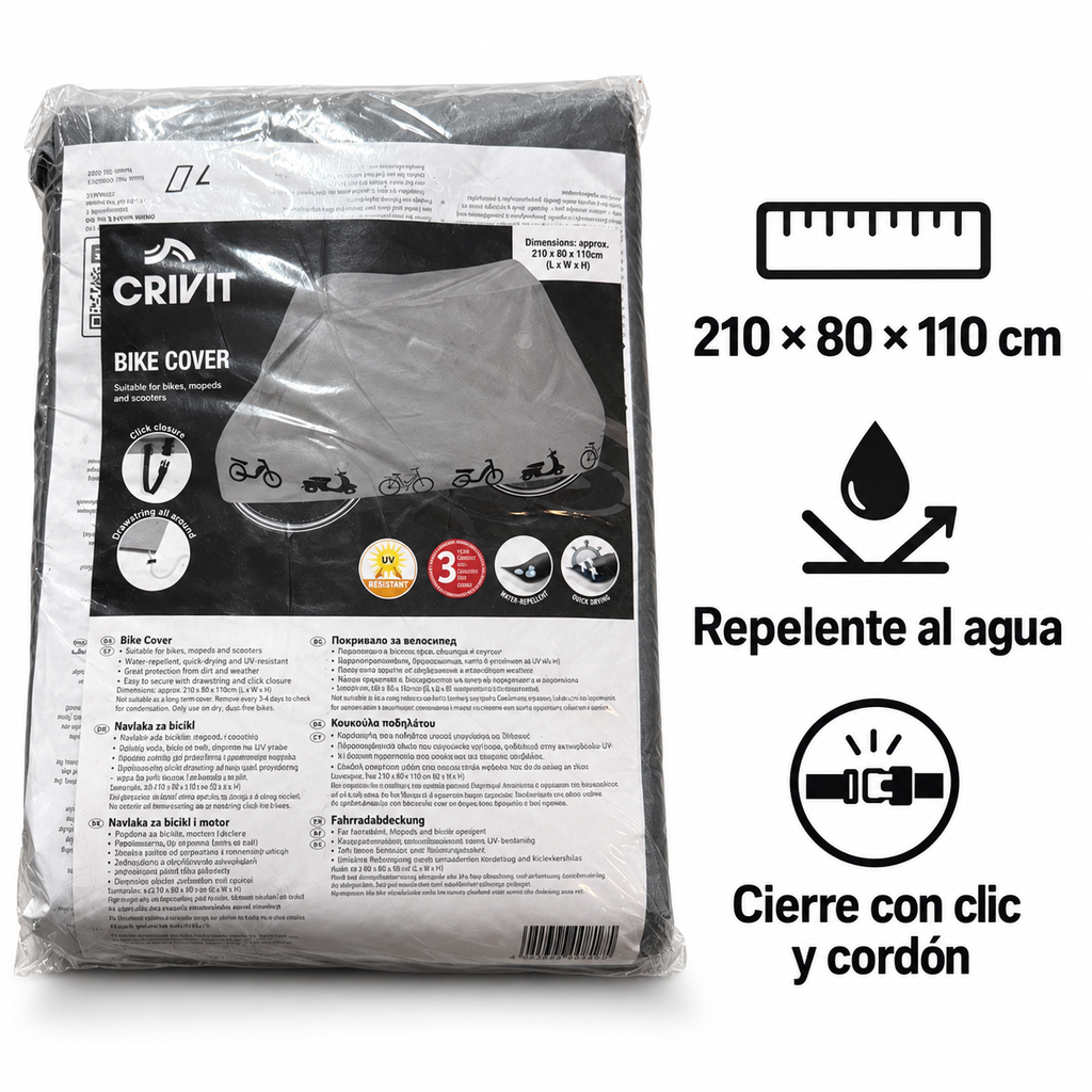 Crivit funda para bicicleta de 210 × 80 × 110 cm y características confirmadas