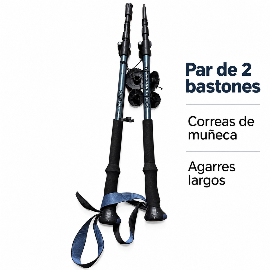 Características de los dos bastones Adventuridge: correas de muñeca y agarres largos