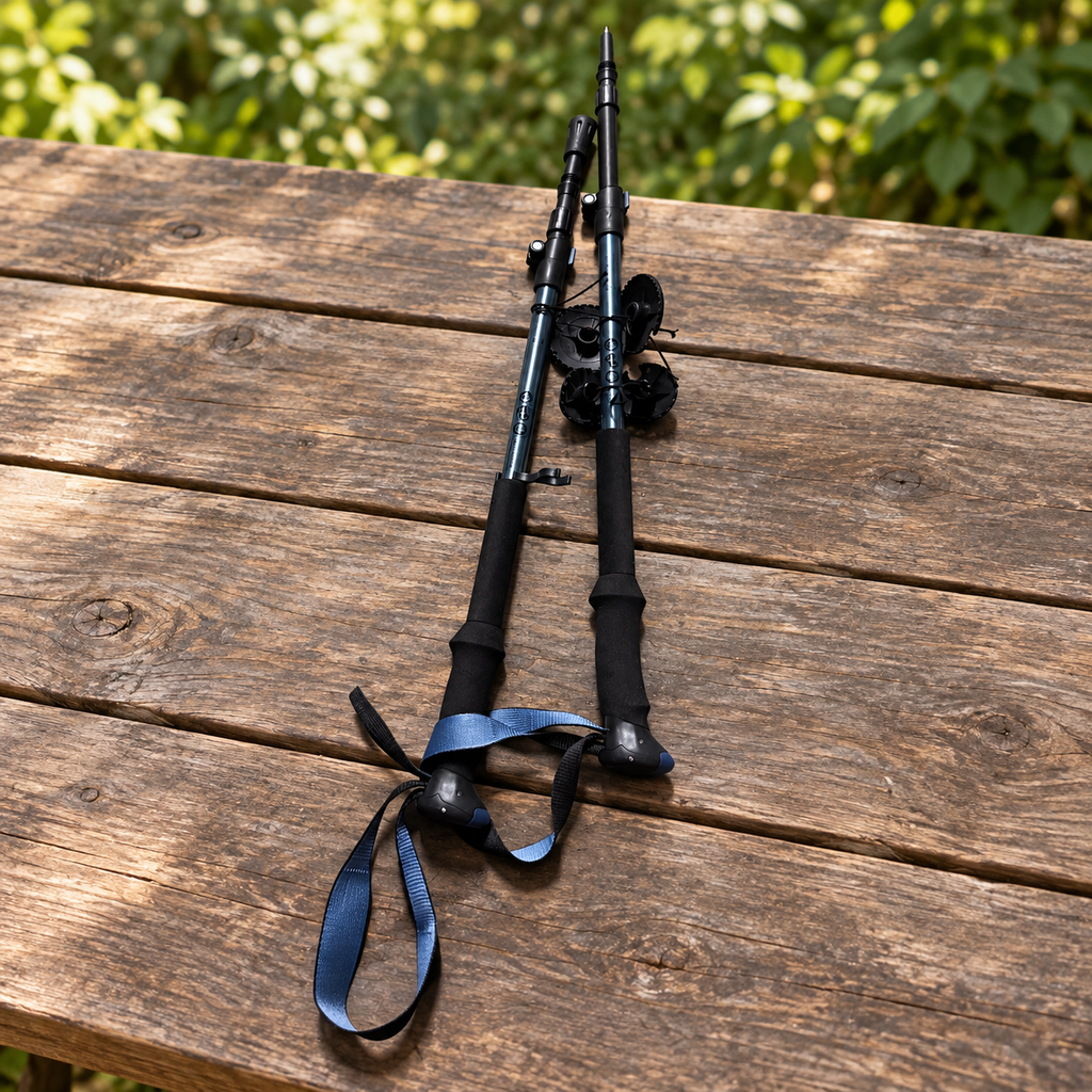 Par de bastones Adventuridge con cuatro rosetas sobre una mesa exterior