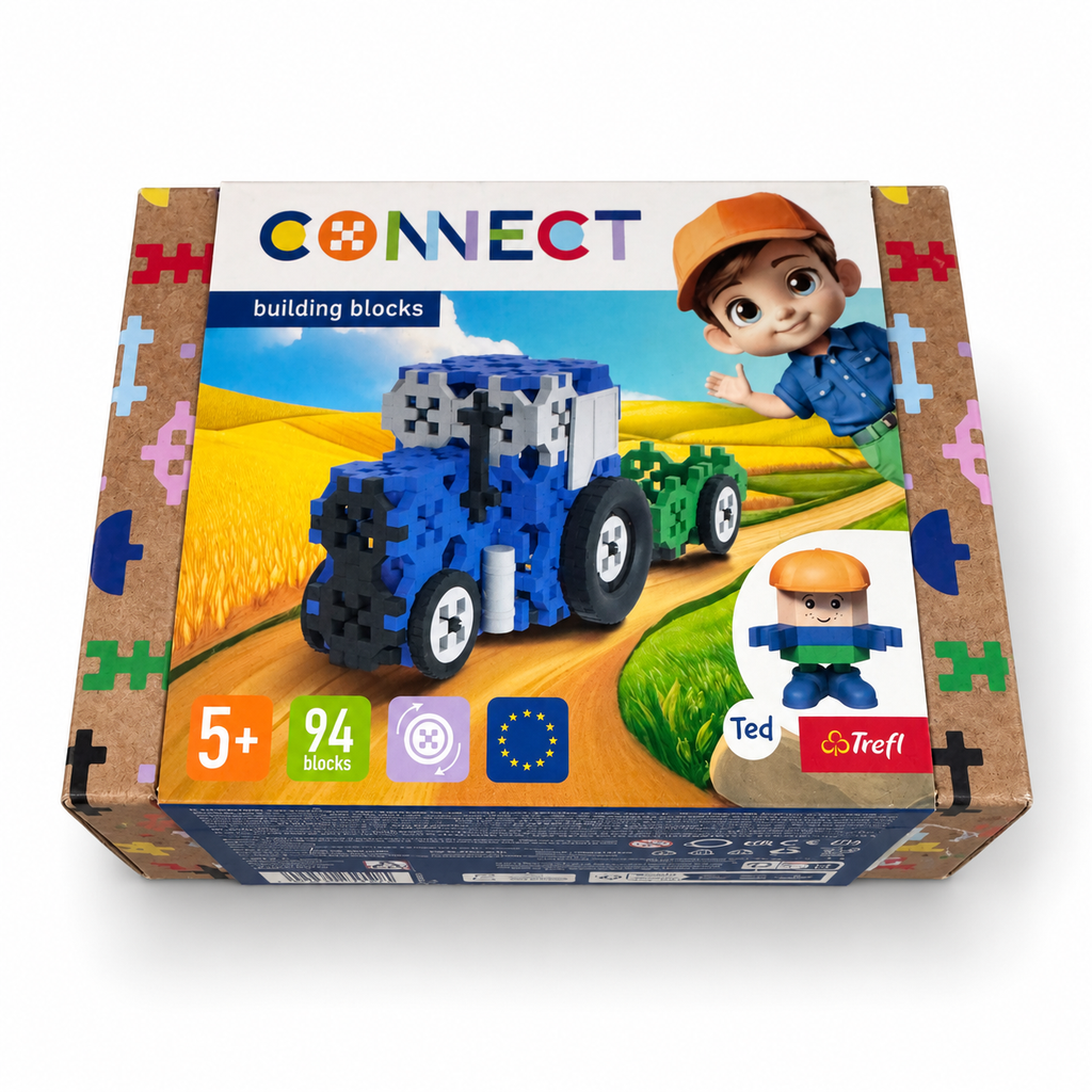 Caja Trefl Connect tractor con remolque de 94 bloques sobre fondo blanco