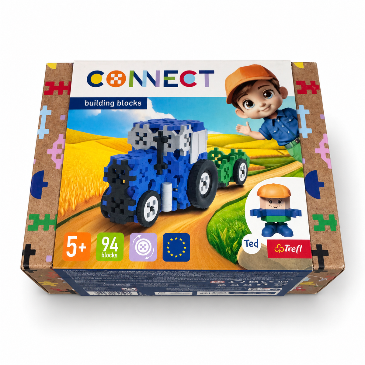Caja Trefl Connect tractor con remolque de 94 bloques sobre fondo blanco