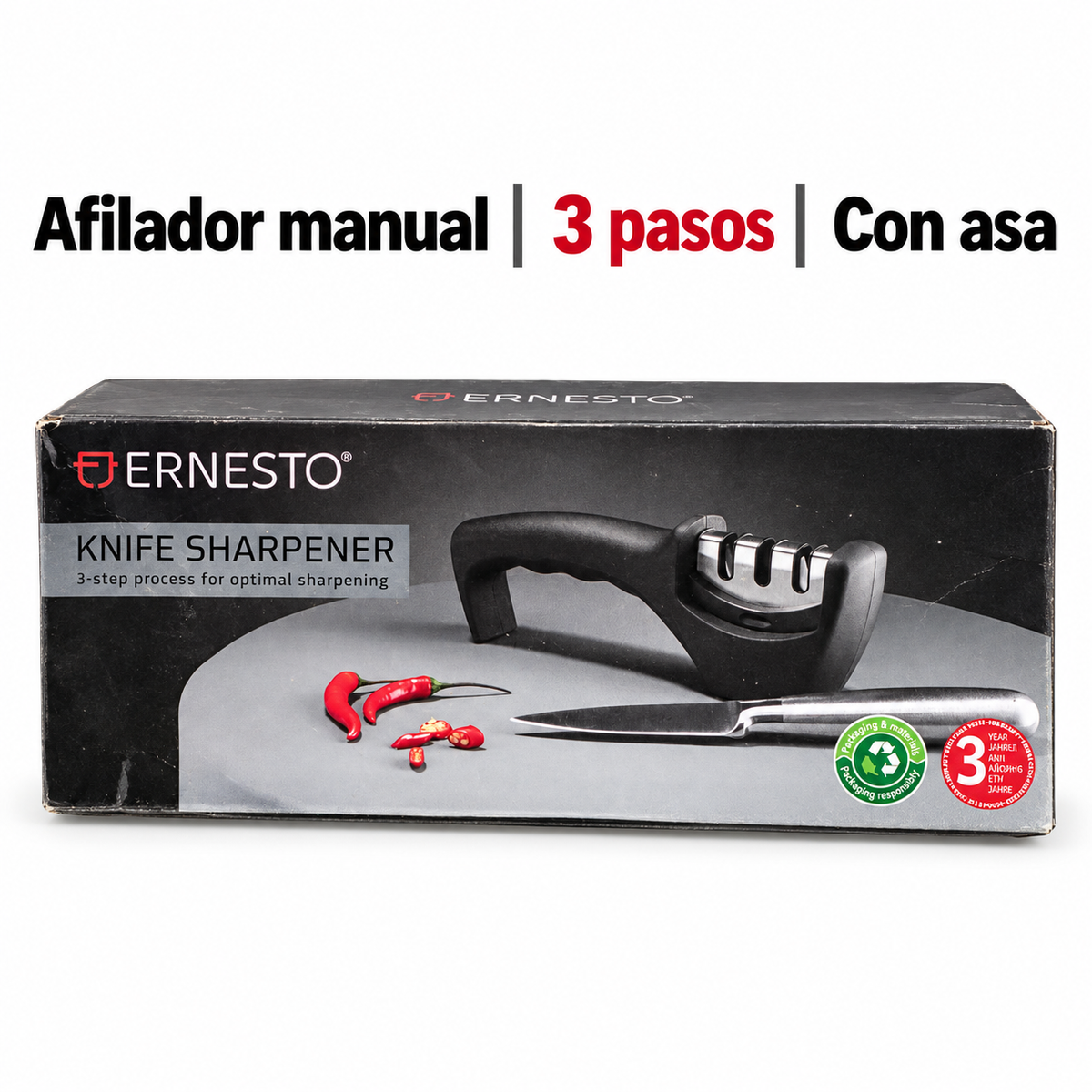 Ernesto afilador manual de cuchillos de 3 pasos con asa con sus características confirmadas