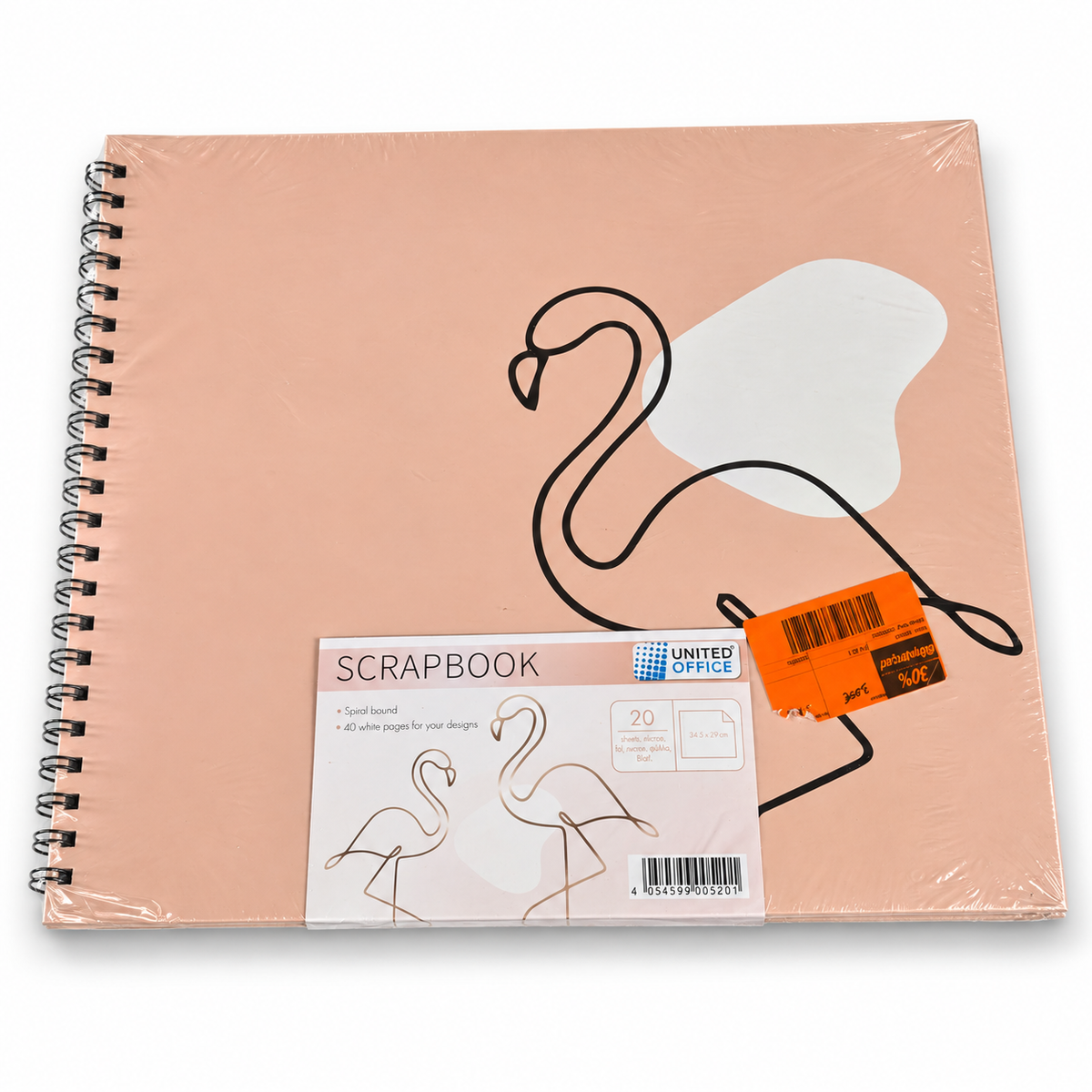 United Office álbum de scrapbooking con flamenco, 34,5 × 29 cm con envoltorio y etiquetas sobre fondo blanco