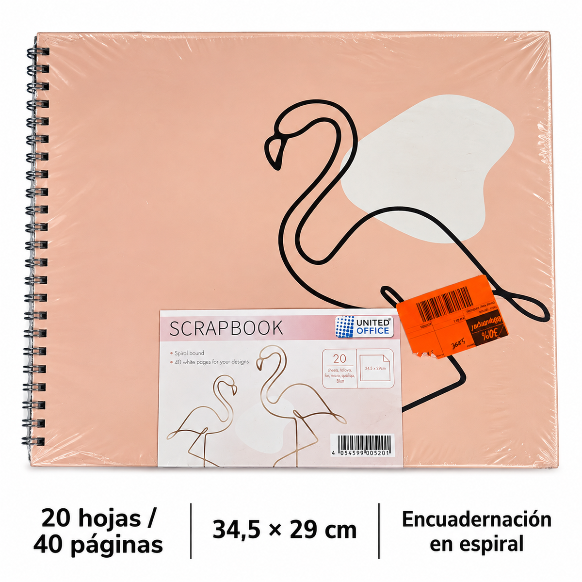 United Office álbum de scrapbooking con flamenco, 34,5 × 29 cm y características: 20 hojas, 40 páginas, 34,5 por 29 cm y espiral