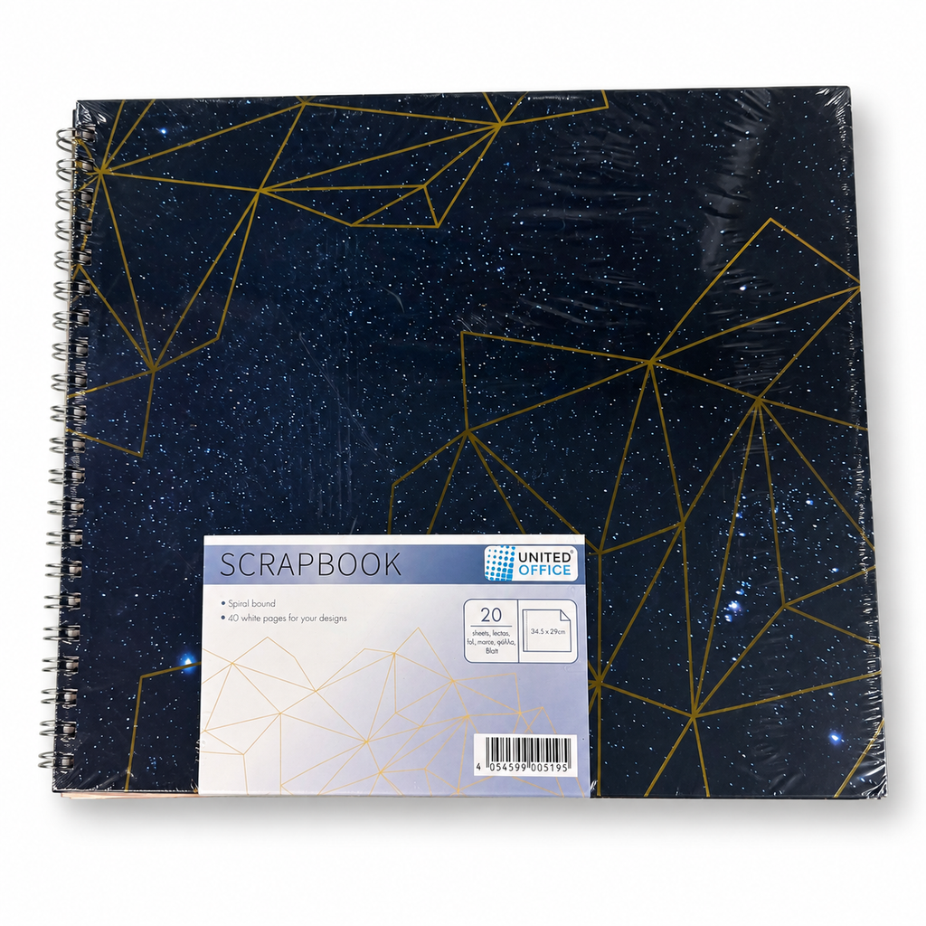 United Office álbum de scrapbooking geométrico azul, 34,5 × 29 cm con envoltorio y etiquetas sobre fondo blanco