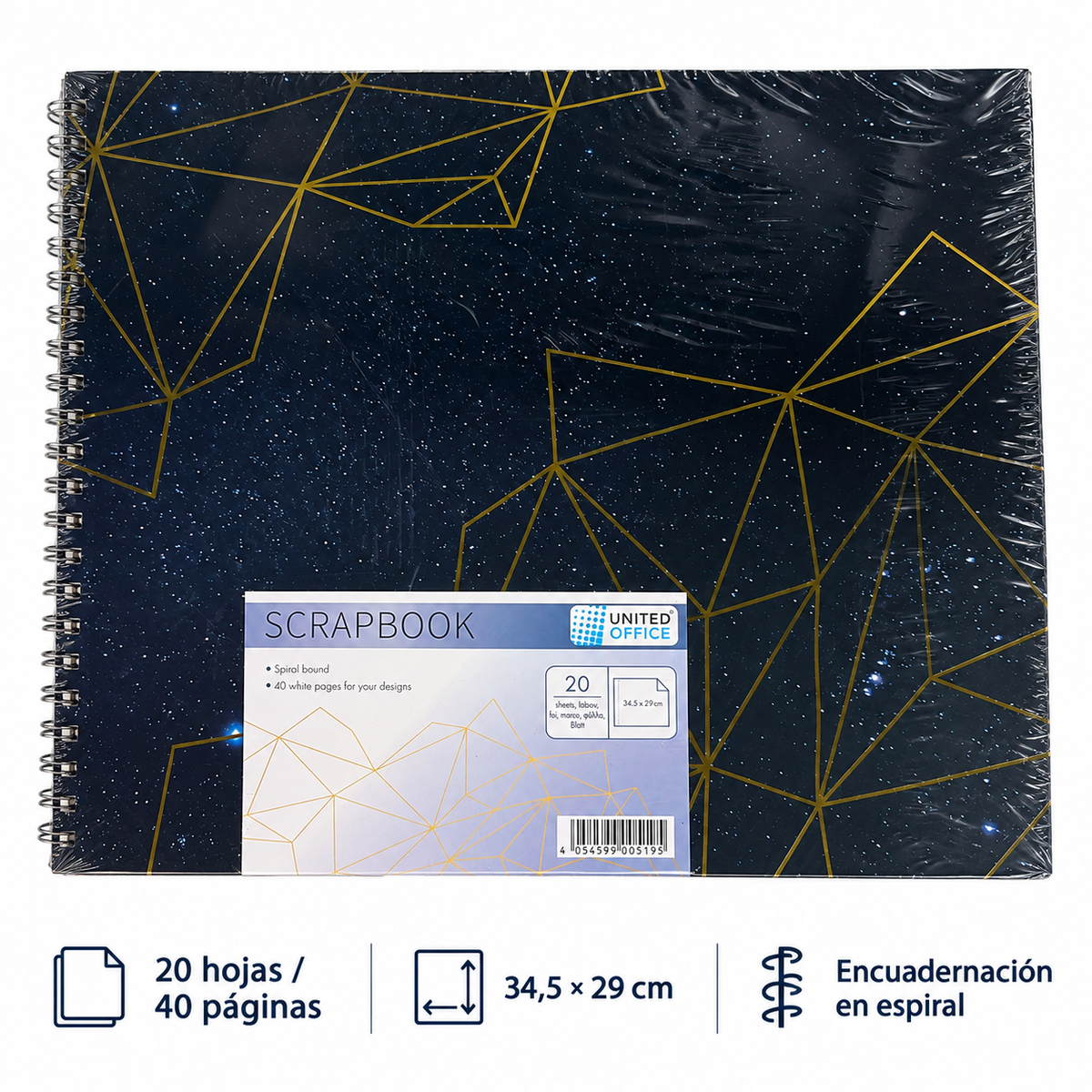 United Office álbum de scrapbooking geométrico azul, 34,5 × 29 cm y características: 20 hojas, 40 páginas, 34,5 por 29 cm y espiral