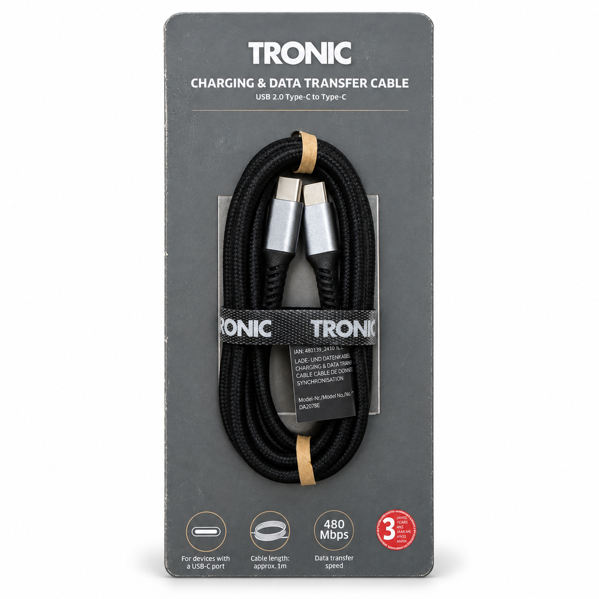 Tronic cable USB-C a USB-C negro trenzado de 1 m con cartón original sobre fondo blanco