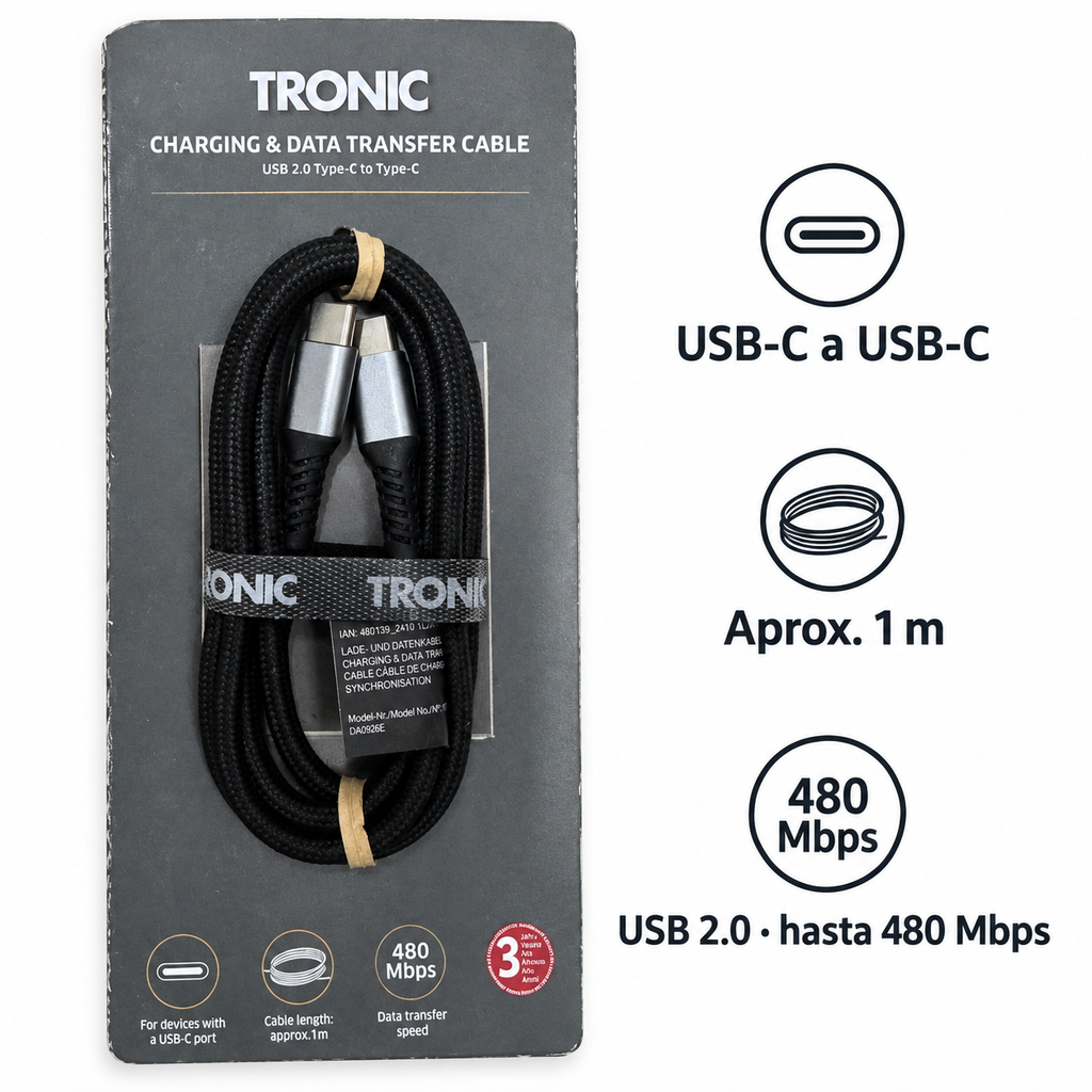 Características del cable Tronic USB-C a USB-C: aproximadamente 1 m y USB 2.0 hasta 480 Mbps