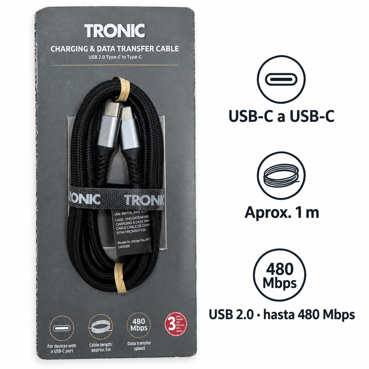 Características del cable Tronic USB-C a USB-C: aproximadamente 1 m y USB 2.0 hasta 480 Mbps