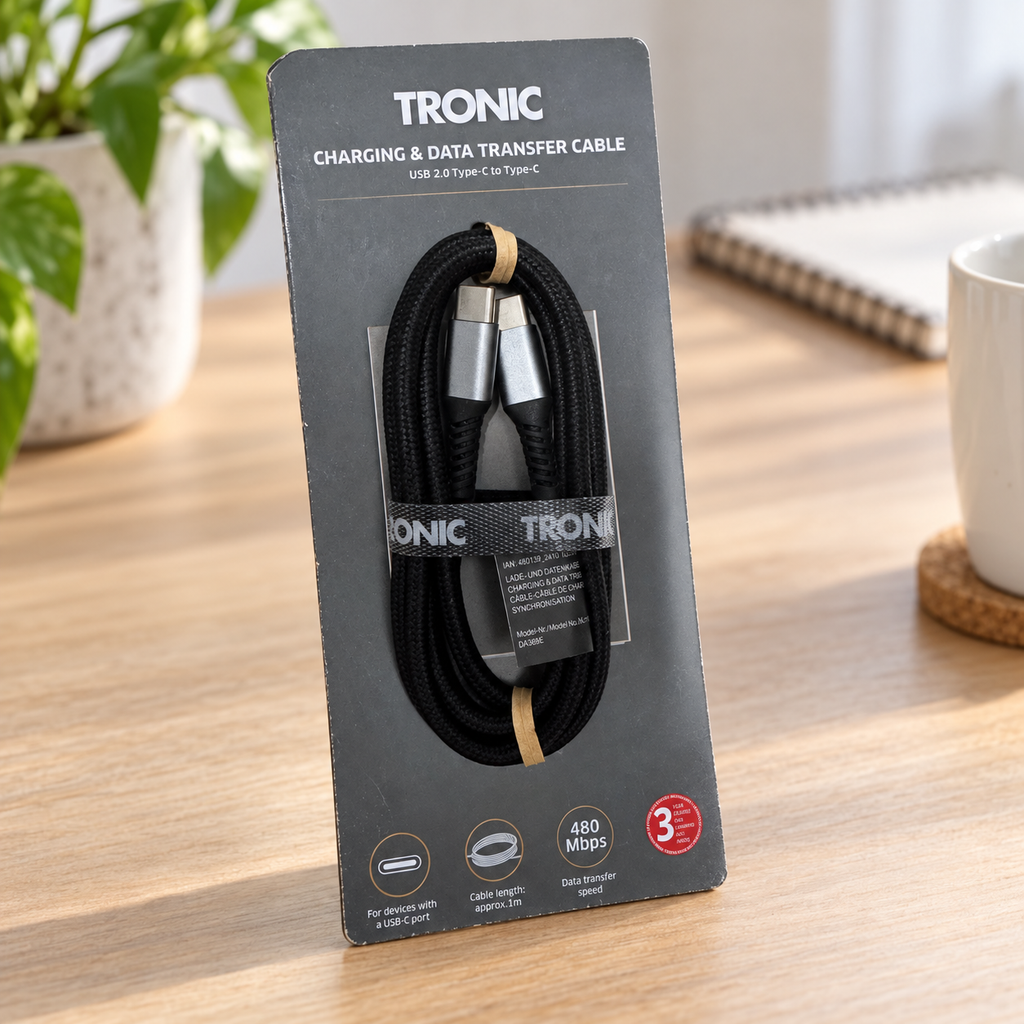 Tronic cable USB-C a USB-C negro trenzado de 1 m con cartón original en un escritorio