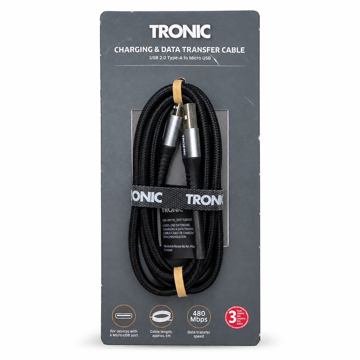 Tronic cable USB-A a Micro USB negro trenzado de 1 m con cartón original sobre fondo blanco