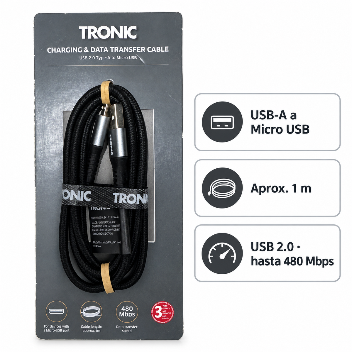 Características del cable Tronic USB-A a Micro USB: aproximadamente 1 m y USB 2.0 hasta 480 Mbps